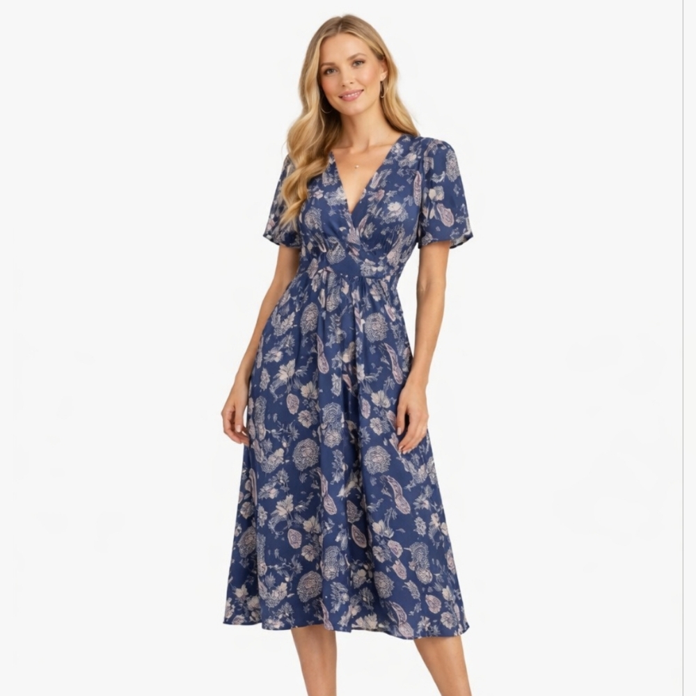 Downeast Navy Floral Flutter Sleeve Midi Dress Size 2